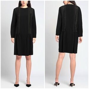 Ballantyne Italy Pintuck Pleat Long Sleeve Shift Dress Black Wool Blend Sz 38